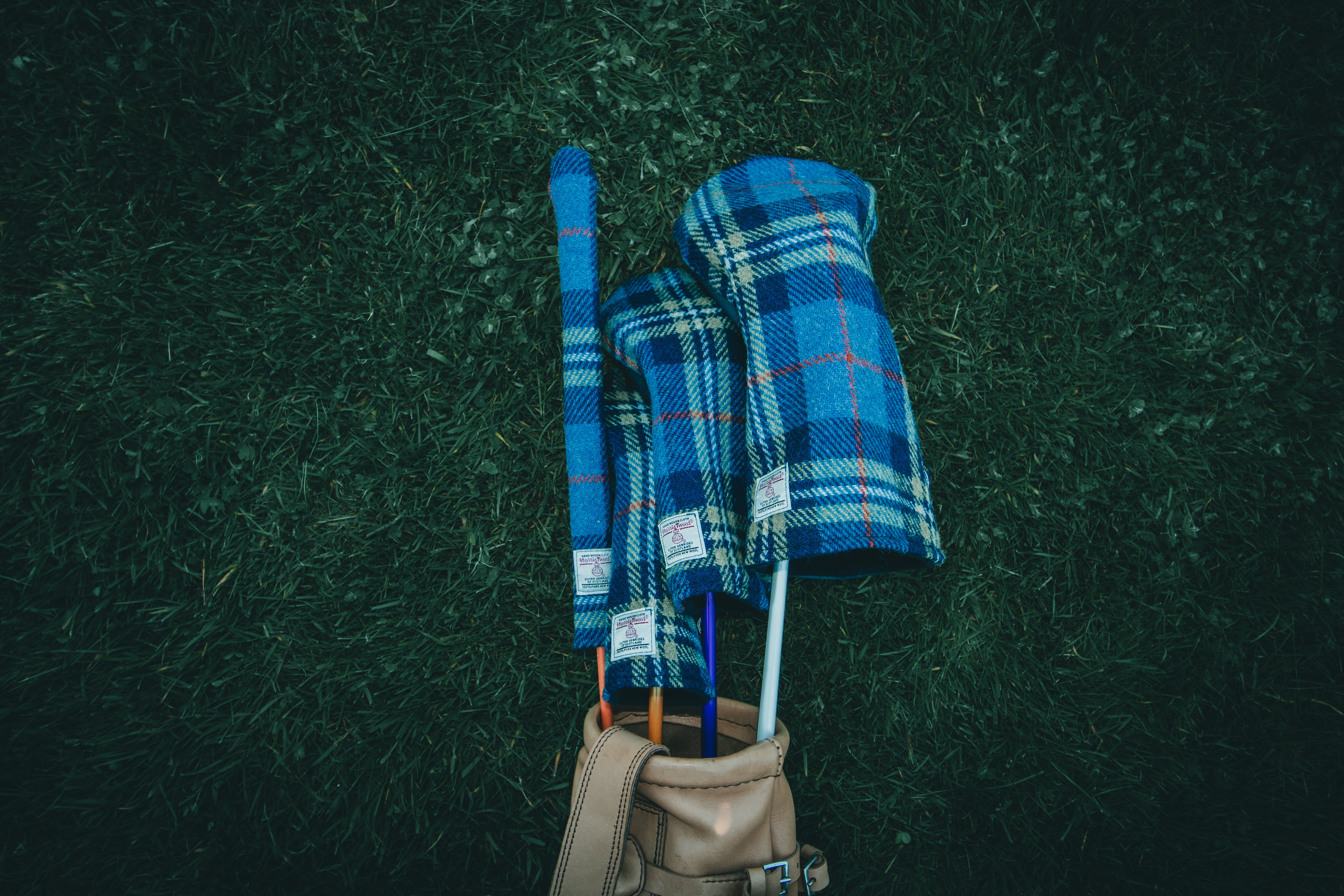 blue & Pale Green With Orange & White Overcheck Tartan Harris Tweed® Headcovers